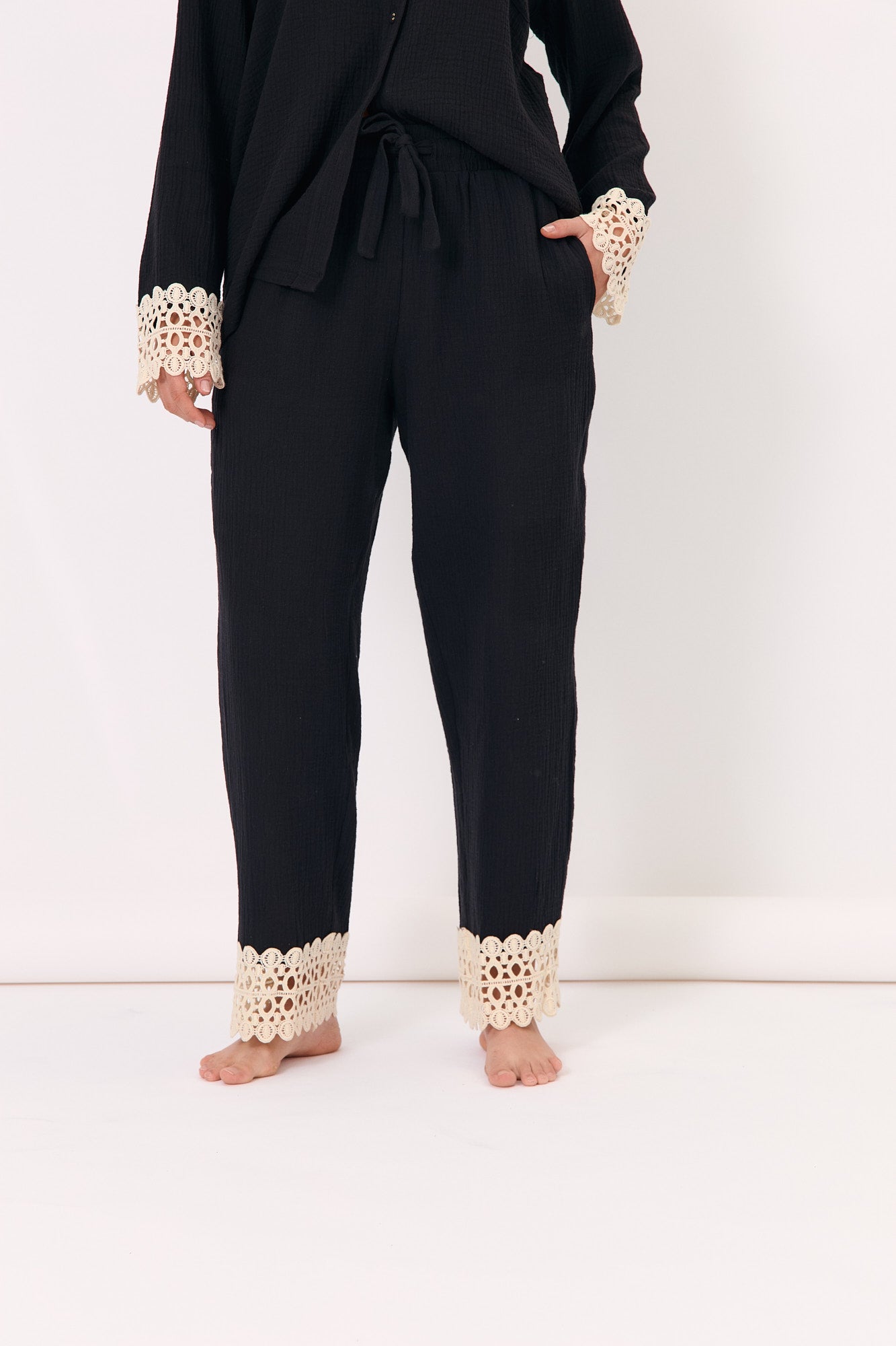 Scout and Lizzie Lace Detail Cotton Long Set (Black)