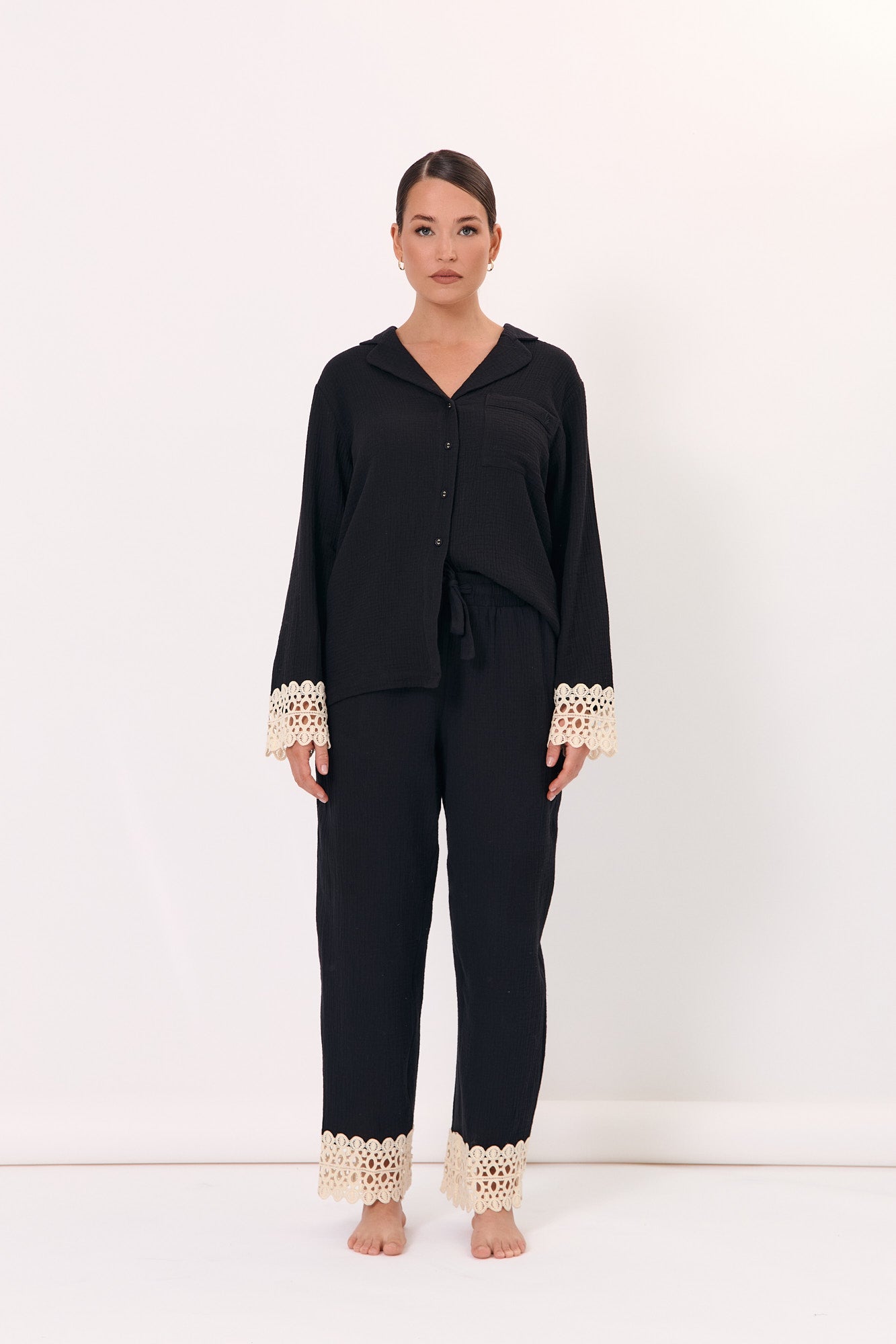 Scout and Lizzie Lace Detail Cotton Long Set (Black)
