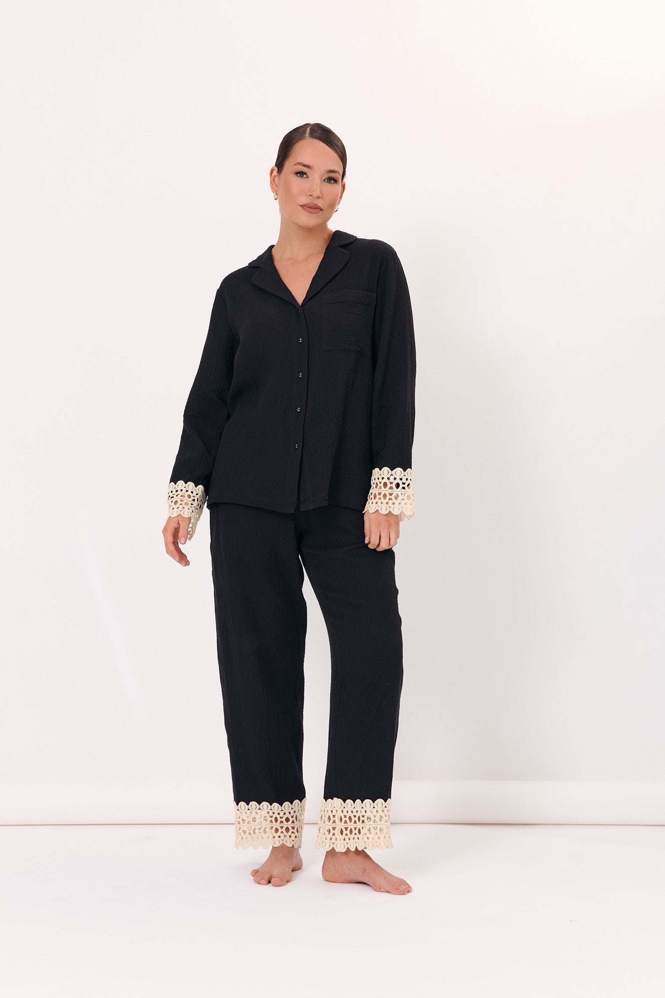Scout and Lizzie Lace Detail Cotton Long Set (Black)