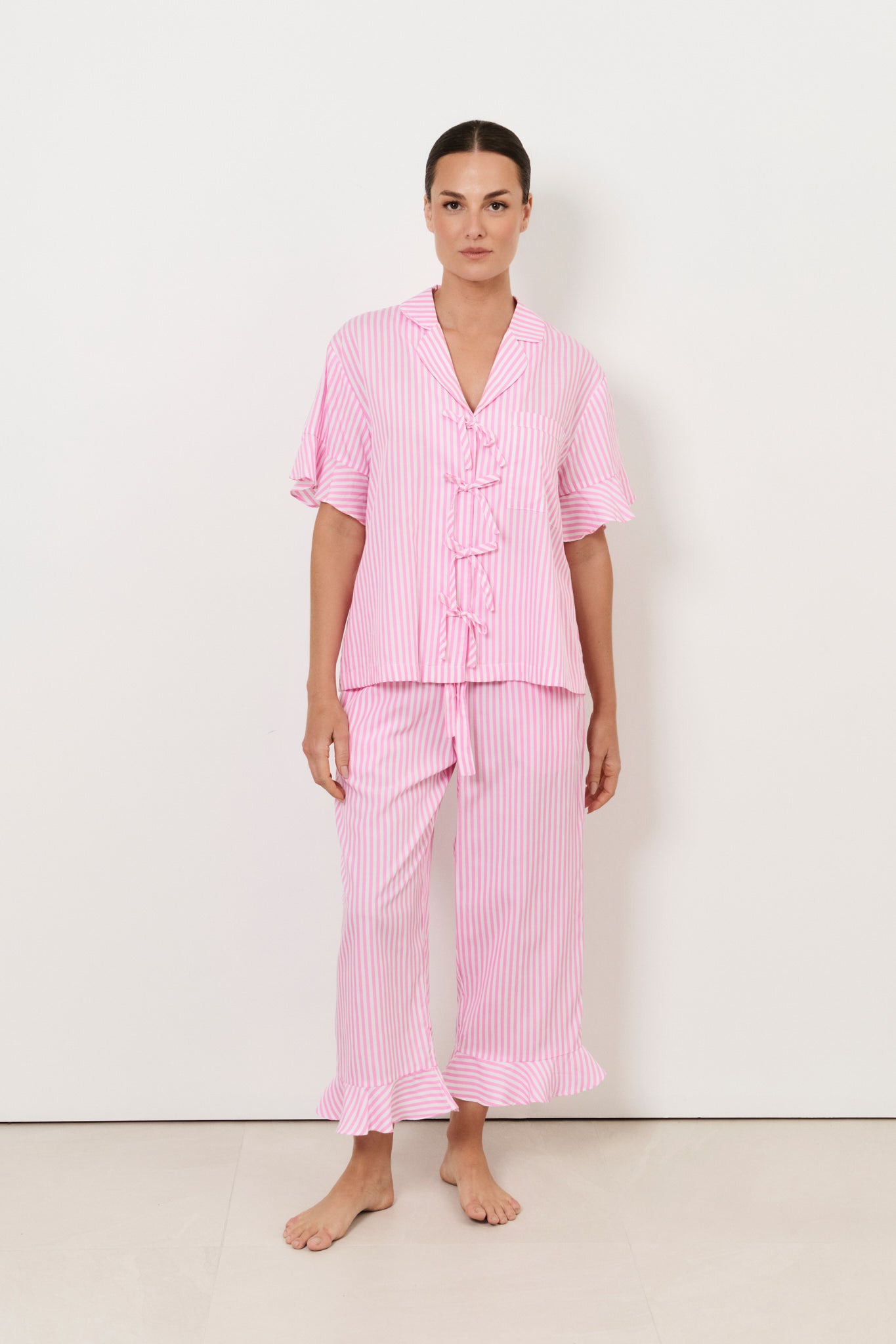 Bianca and Jazz Tencel Blend Frill Stripe Long Set (Pink)