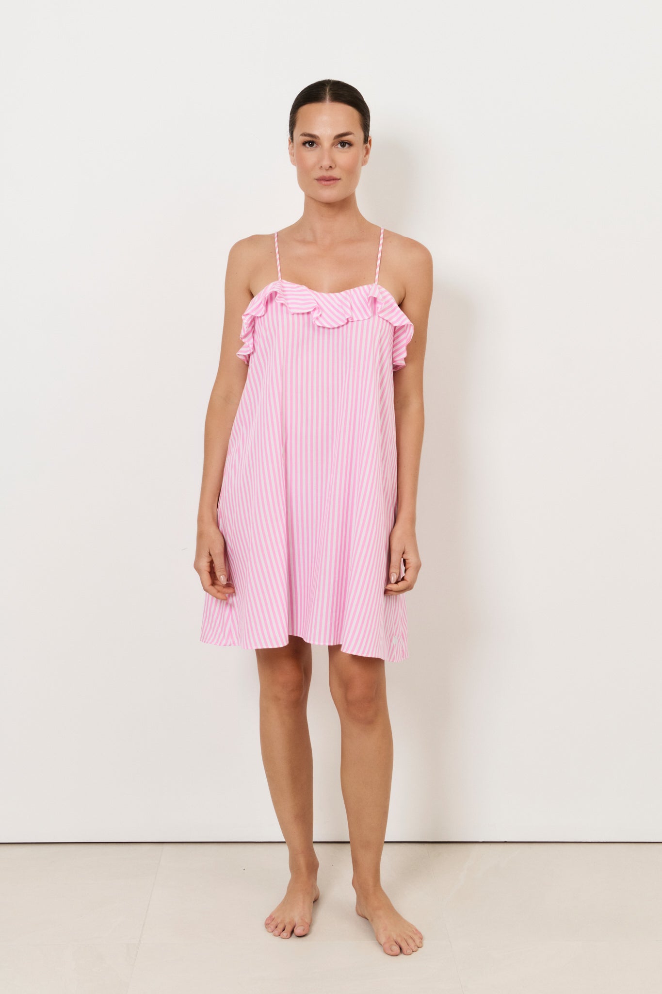 Esme Tencel Blend Stripe Frill Dress (Pink)