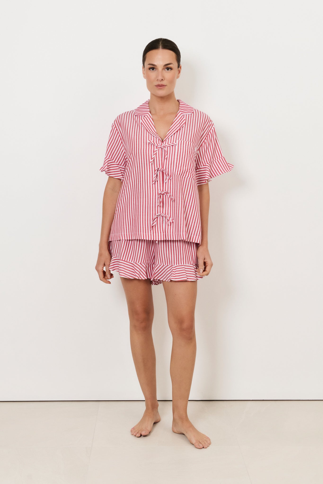 Bianca and Natasha Tencel Blend Frill Stripe Short Set (Red)