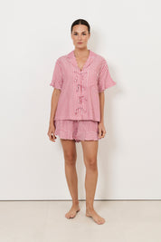 Bianca and Natasha Tencel Blend Frill Stripe Short Set (Red)