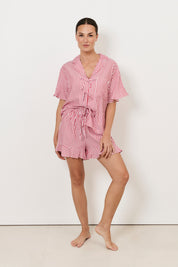 Bianca and Natasha Tencel Blend Frill Stripe Short Set (Red)
