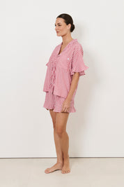 Bianca and Natasha Tencel Blend Frill Stripe Short Set (Red)