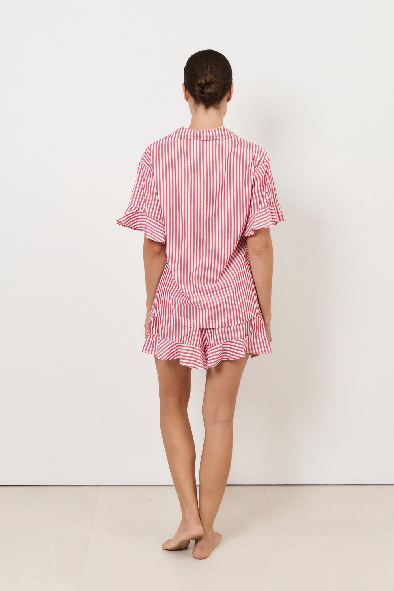 Bianca and Natasha Tencel Blend Frill Stripe Short Set (Red)