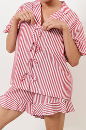 Bianca and Natasha Tencel Blend Frill Stripe Short Set (Red)