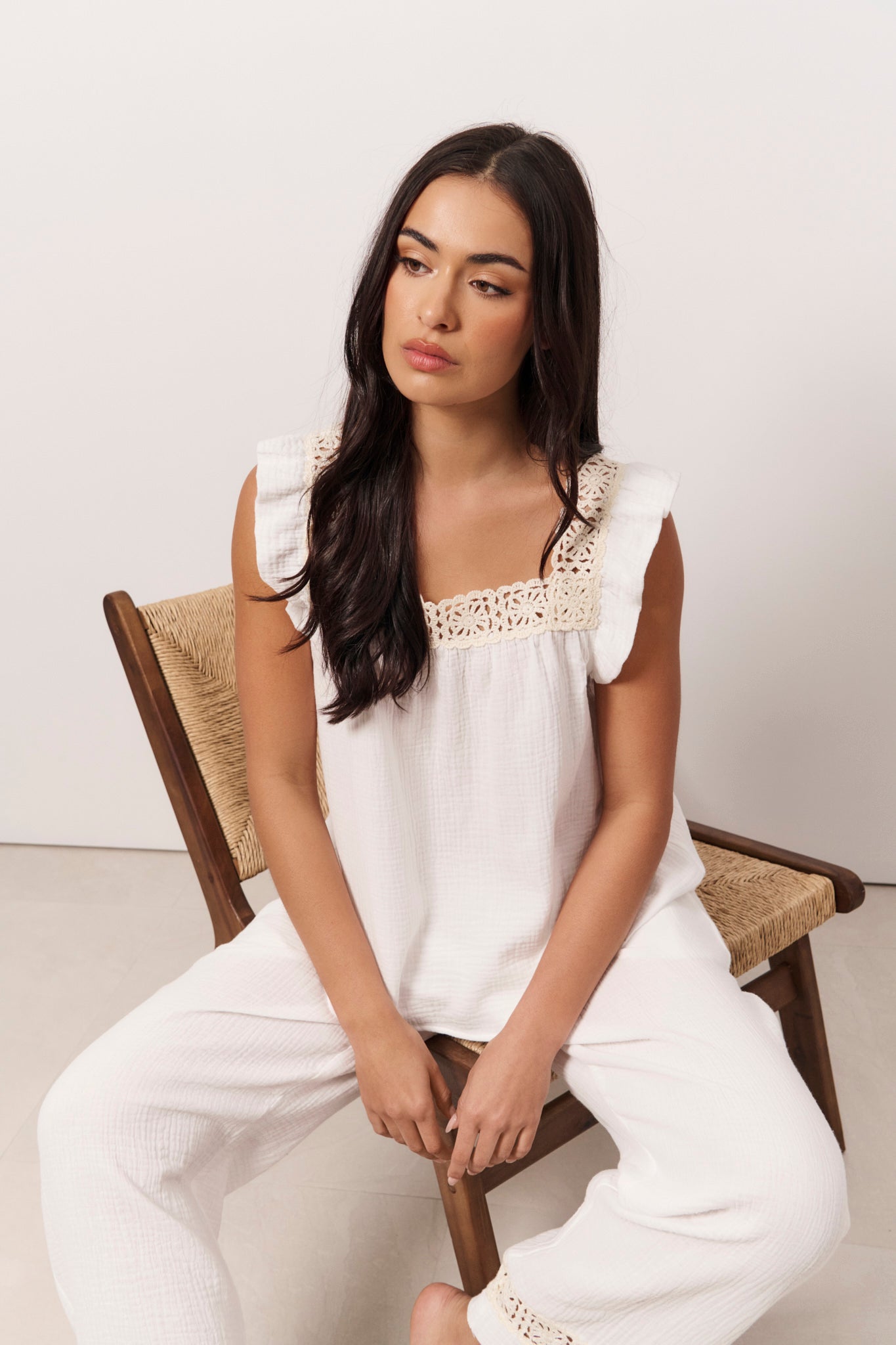 Lulu and Lilah Lace Frill Cotton Gauze Long Set (White)