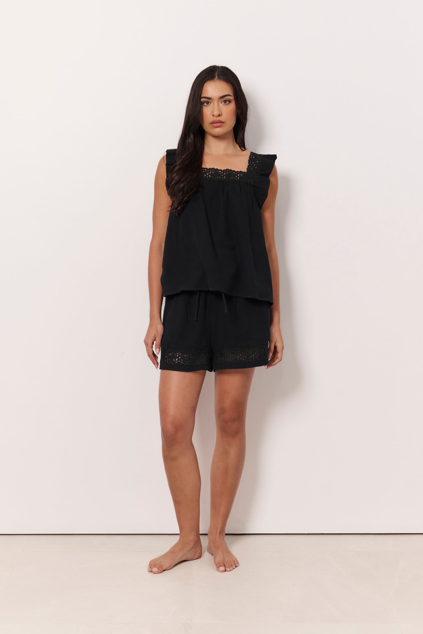 Lulu and Mae Lace Frill Cotton Gauze Short Set (Black)