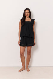 Lulu and Mae Lace Frill Cotton Gauze Short Set (Black)