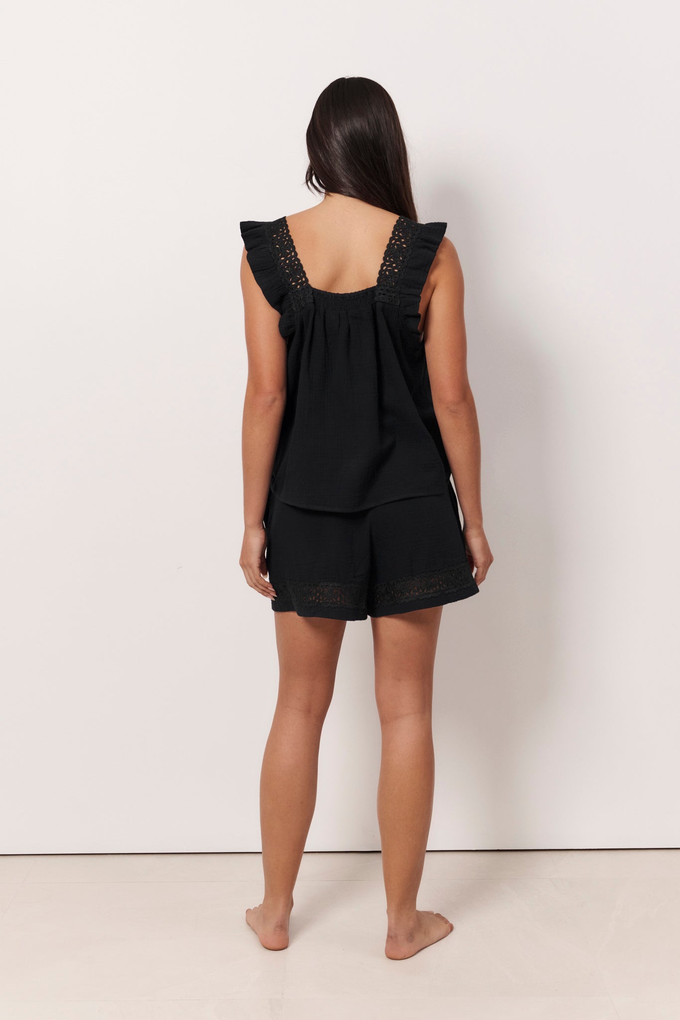 Lulu and Mae Lace Frill Cotton Gauze Short Set (Black)