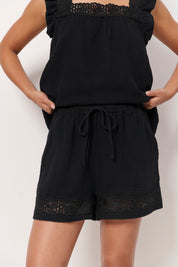 Lulu and Mae Lace Frill Cotton Gauze Short Set (Black)