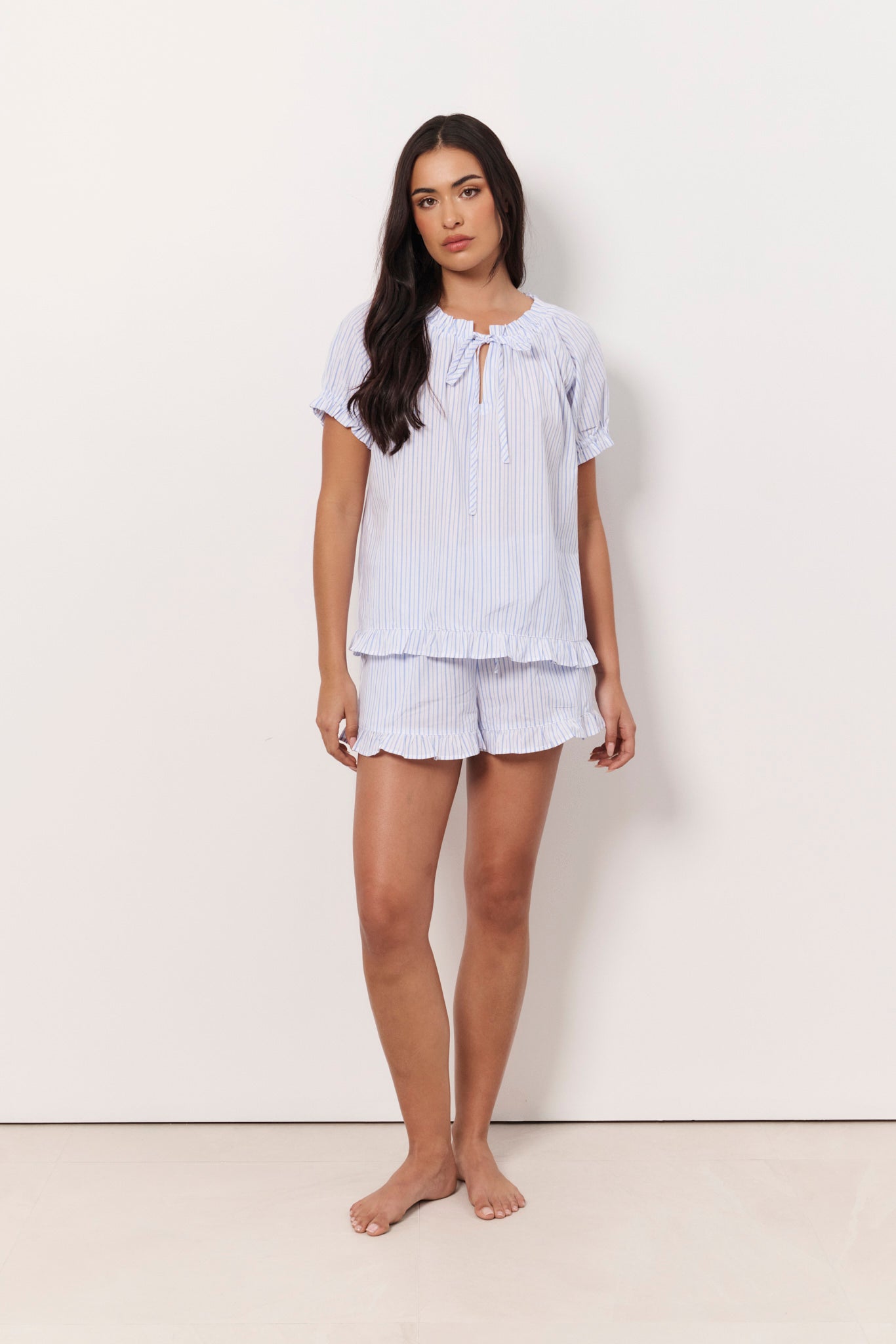 Charlie and Nieve Cotton Stripe Frill Short Set (Blue and White)