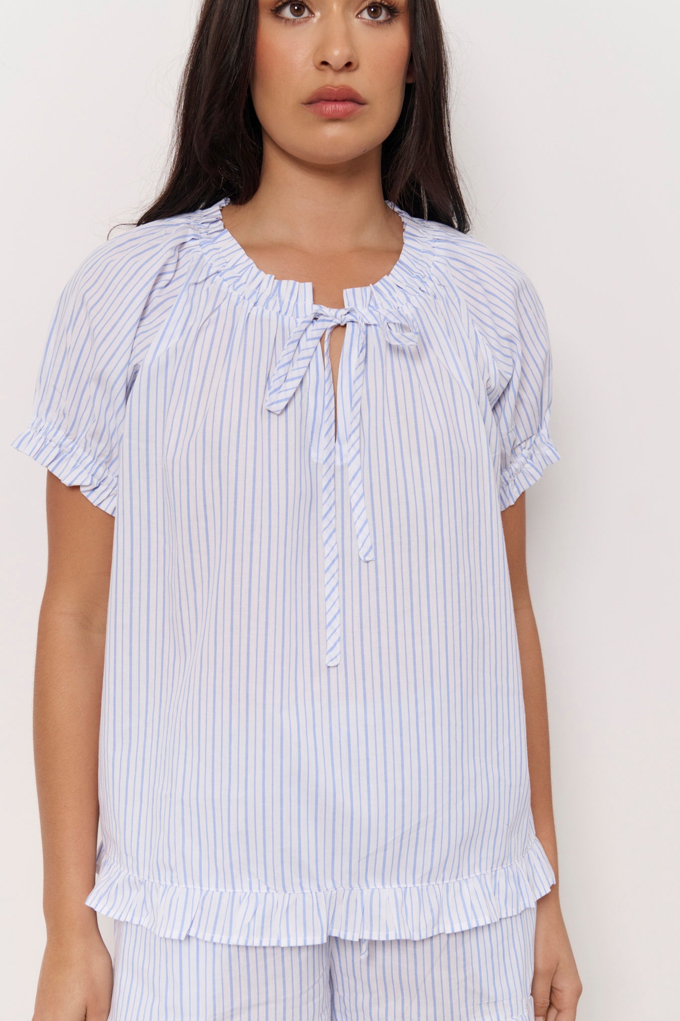 Charlie and Nieve Cotton Stripe Frill Short Set (Blue and White)
