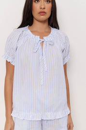 Charlie and Nieve Cotton Stripe Frill Short Set (Blue and White)