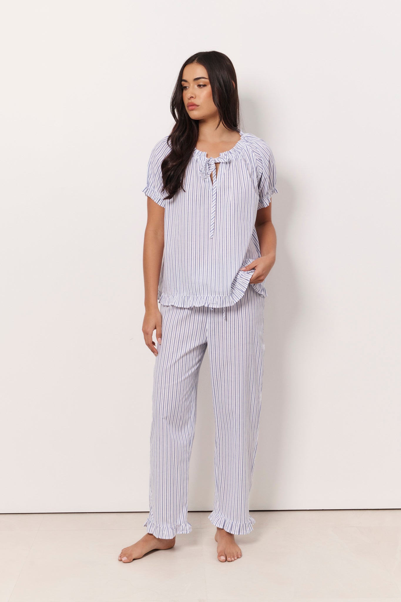 Charlie and April Cotton Stripe Frill Long Set (White and Blue)