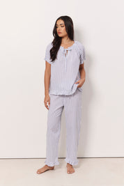Charlie and April Cotton Stripe Frill Long Set (White and Blue)