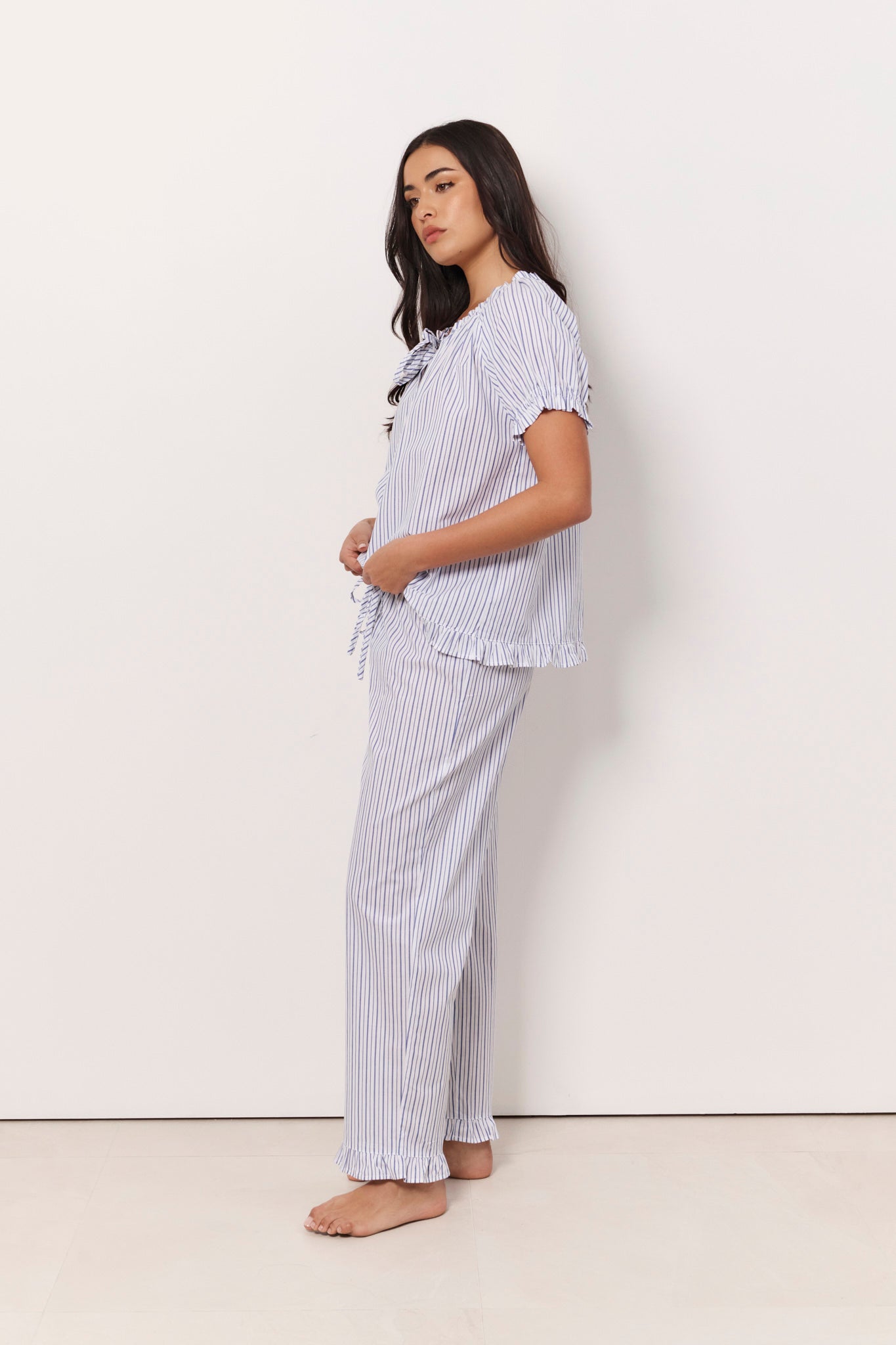 Charlie and April Cotton Stripe Frill Long Set (White and Blue)