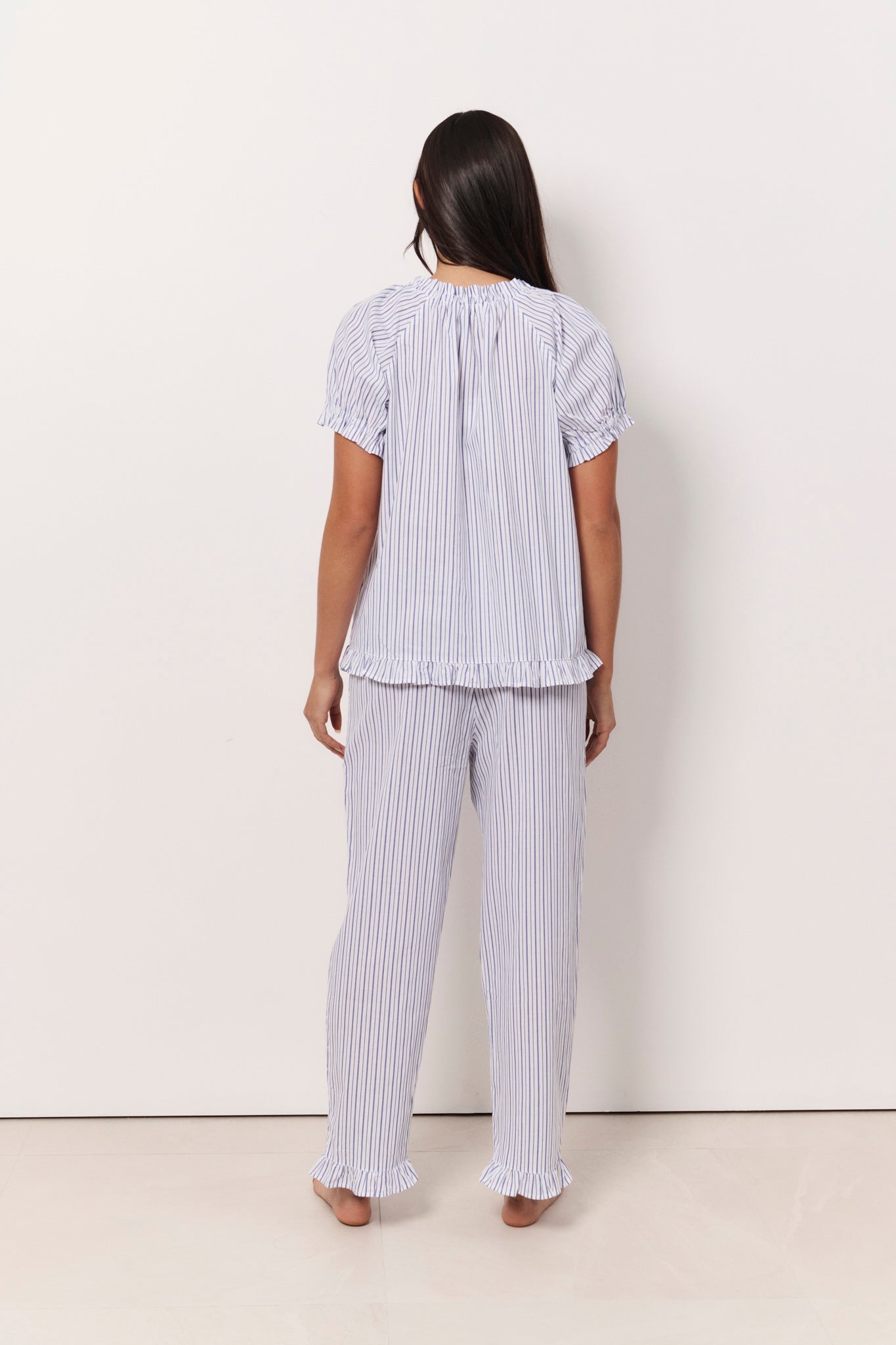 Charlie and April Cotton Stripe Frill Long Set (White and Blue)