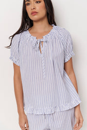 Charlie and April Cotton Stripe Frill Long Set (White and Blue)