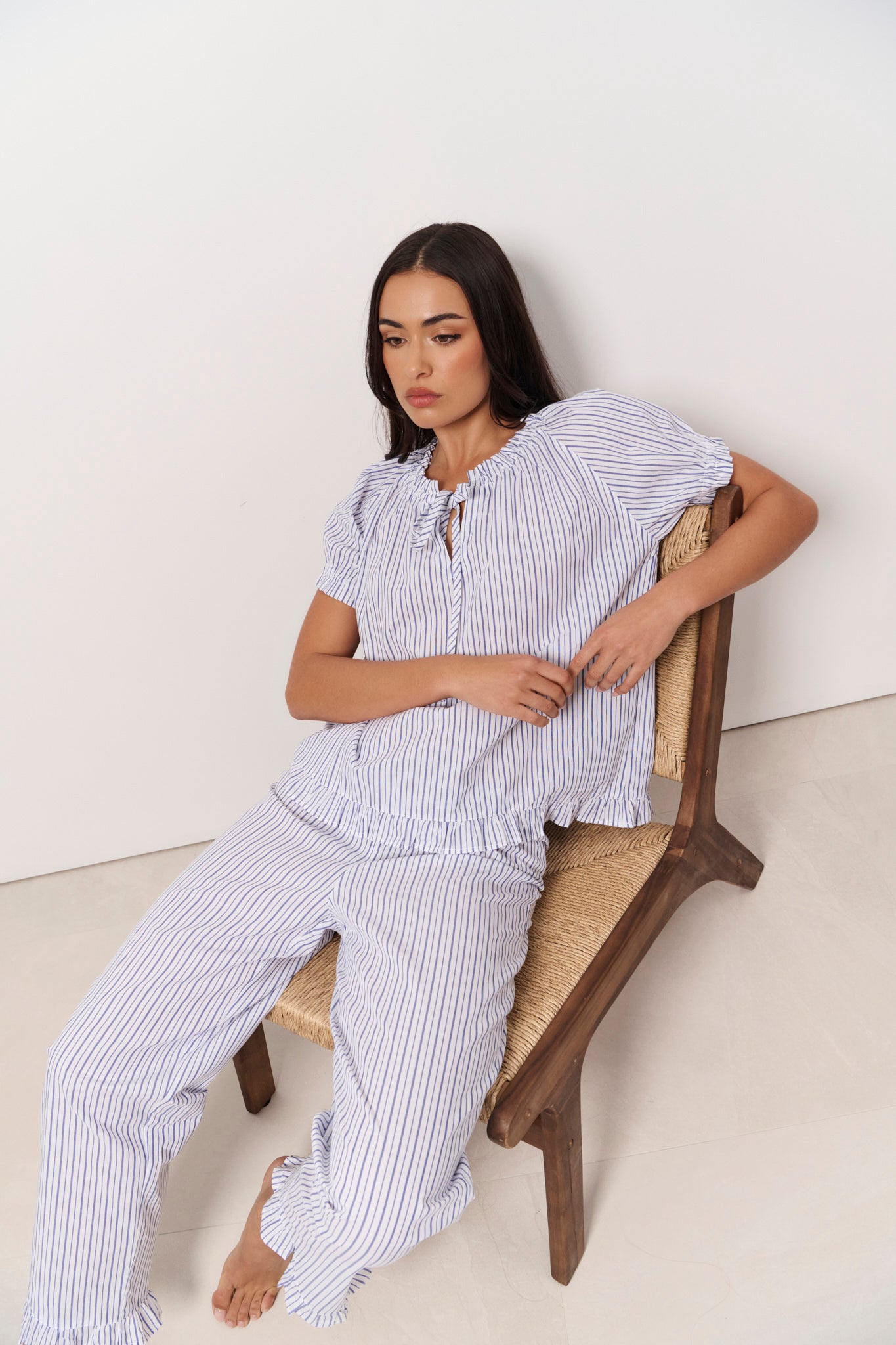 Charlie and April Cotton Stripe Frill Long Set (White and Blue)