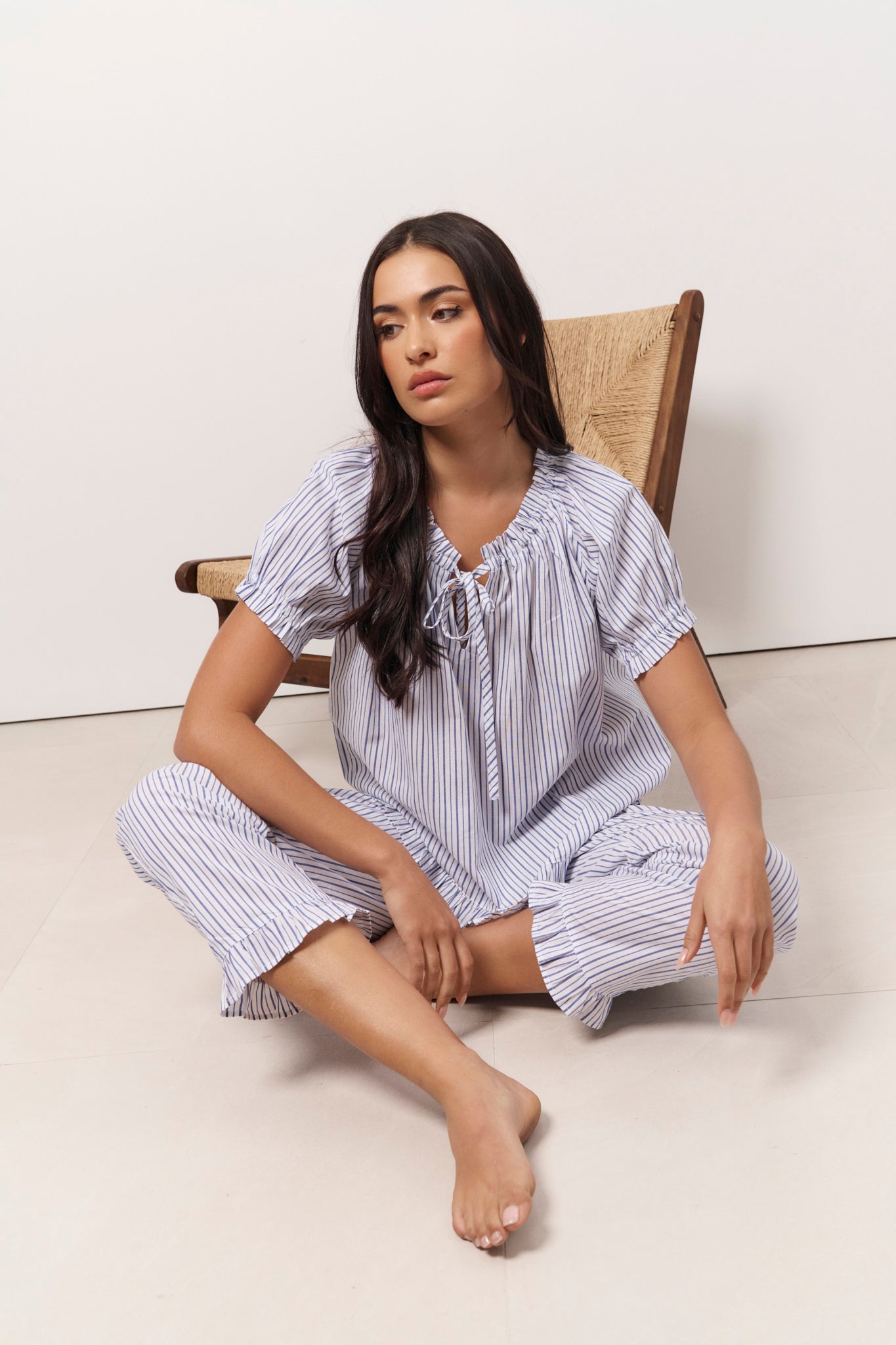 Charlie and April Cotton Stripe Frill Long Set (White and Blue)
