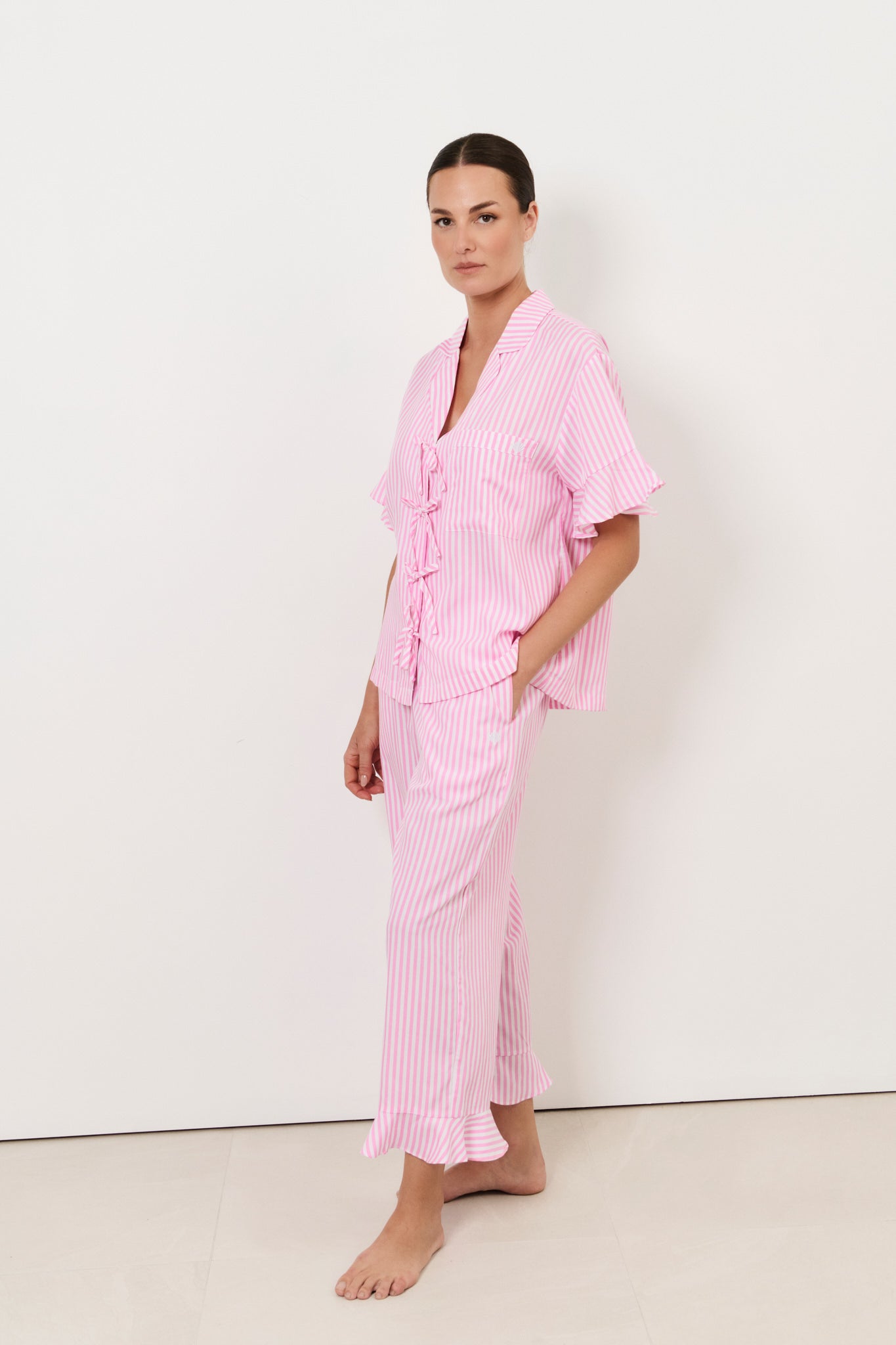 Bianca and Jazz Tencel Blend Frill Stripe Long Set (Pink)