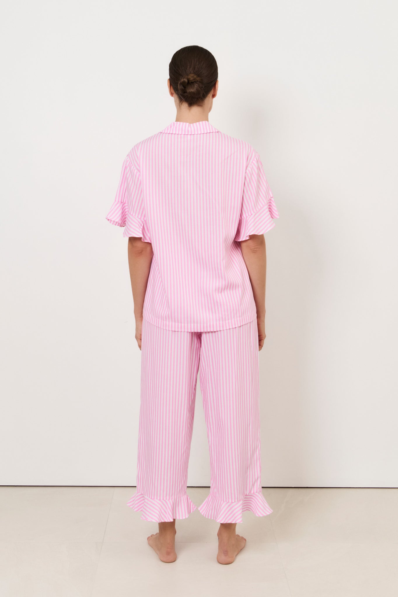 Bianca and Jazz Tencel Blend Frill Stripe Long Set (Pink)
