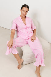 Bianca and Jazz Tencel Blend Frill Stripe Long Set (Pink)