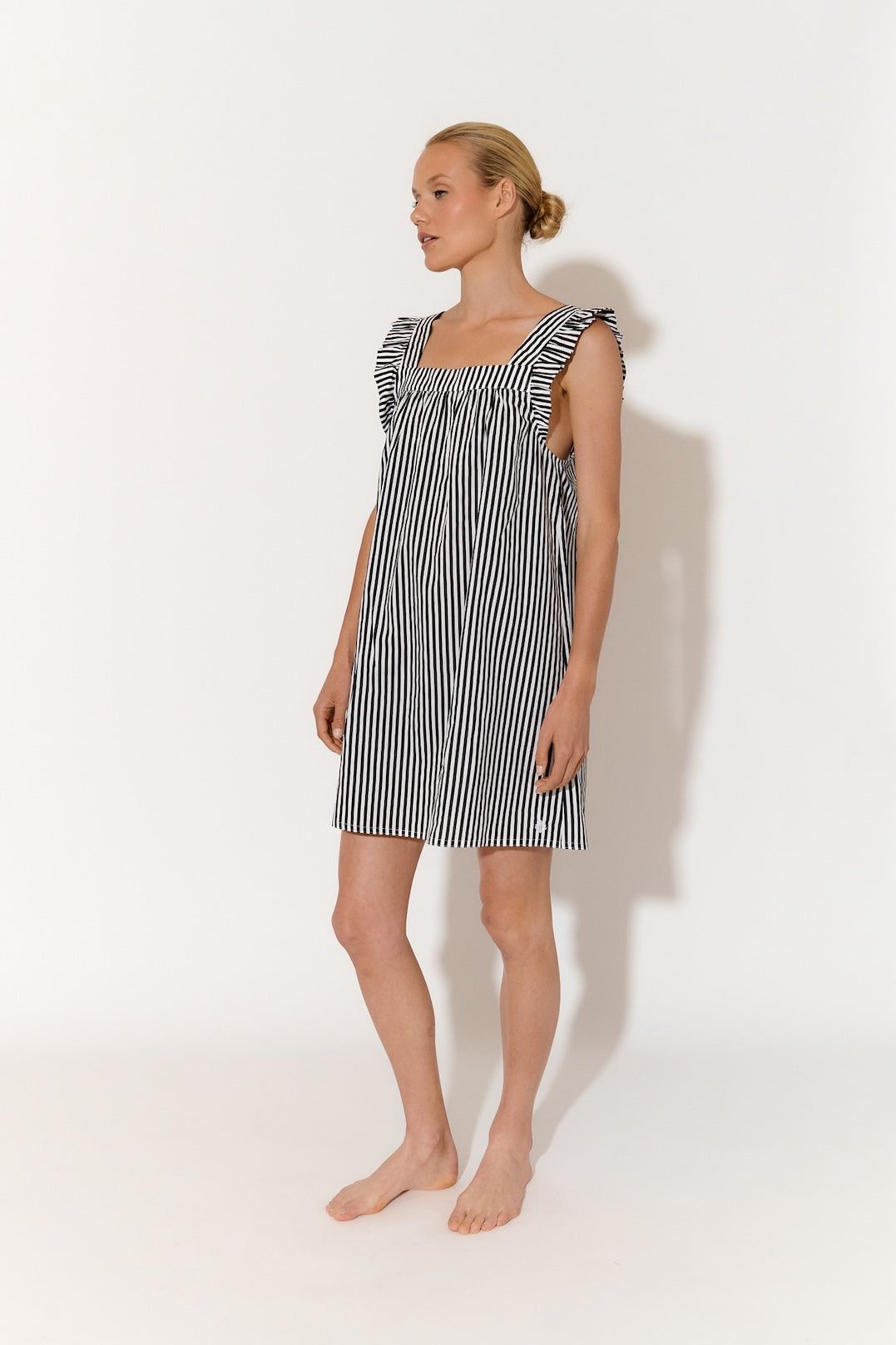 Arabella Stripe Cotton Frill Dress (Black)